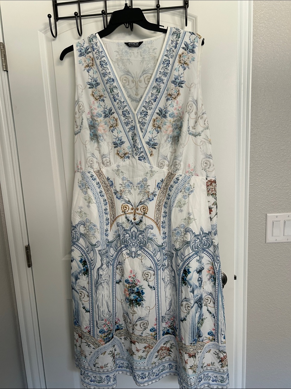 BloomChic White Sleeveless V-Neck Dress with Blue and Gold Floral Print